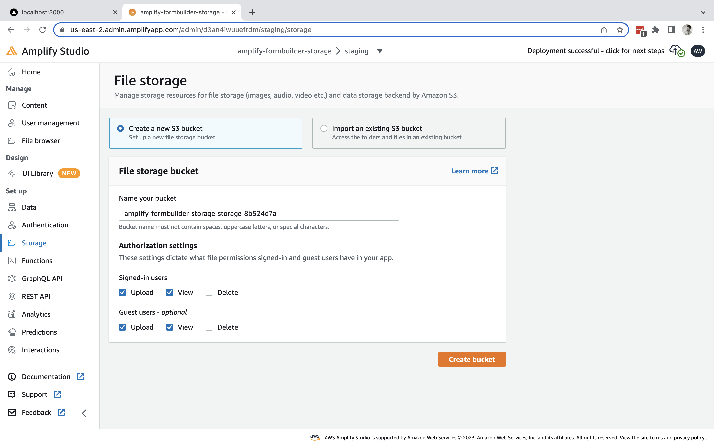 Screenshot showing Amplify Studio setting up Storage