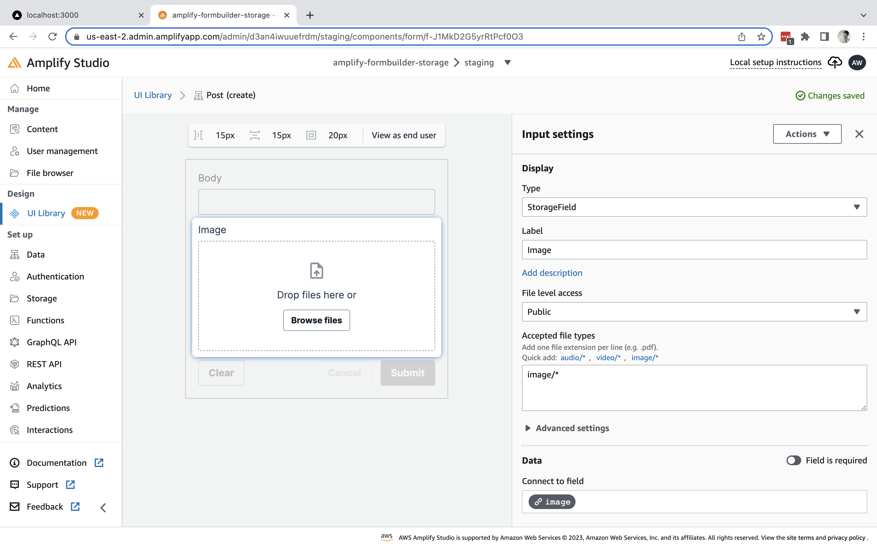 Screenshot showing Amplify Studio Form Builder Storage Field