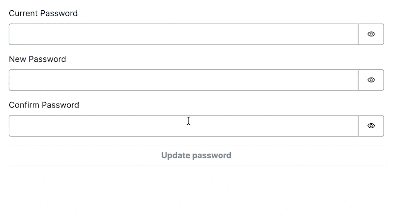 Form with current password, new password, and confirm password fields and an "update password" button.
