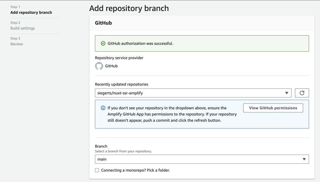 Connect to the GitHub repo branch