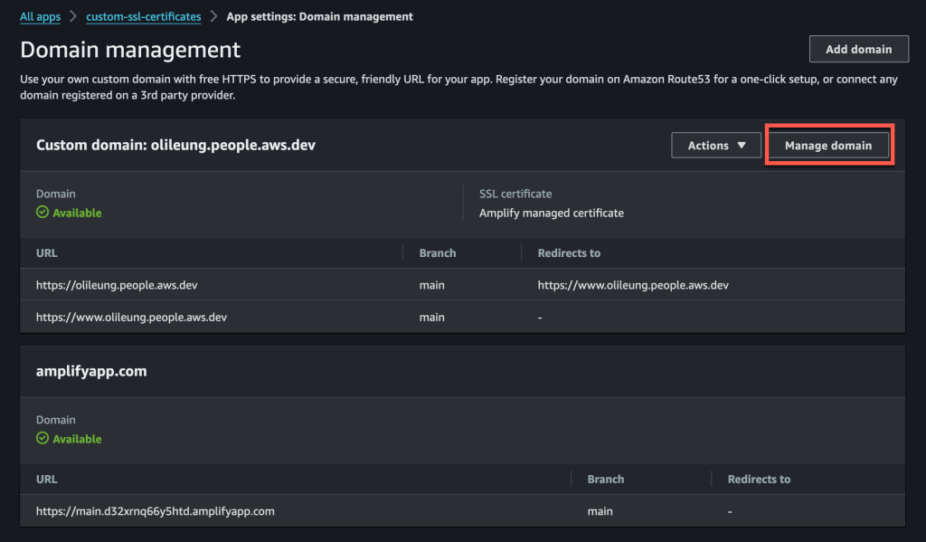 The AWS Amplify Hosting “Domain management” page. There is a “Manage domain” button in the top right of the olileung.people.aws.dev custom domain box.