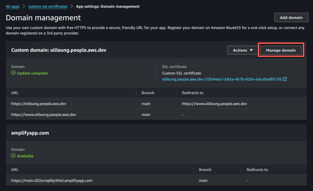 The AWS Amplify Hosting “Domain management” page. There is a “Manage domain” button in the top right of the olileung.people.aws.dev custom domain box.