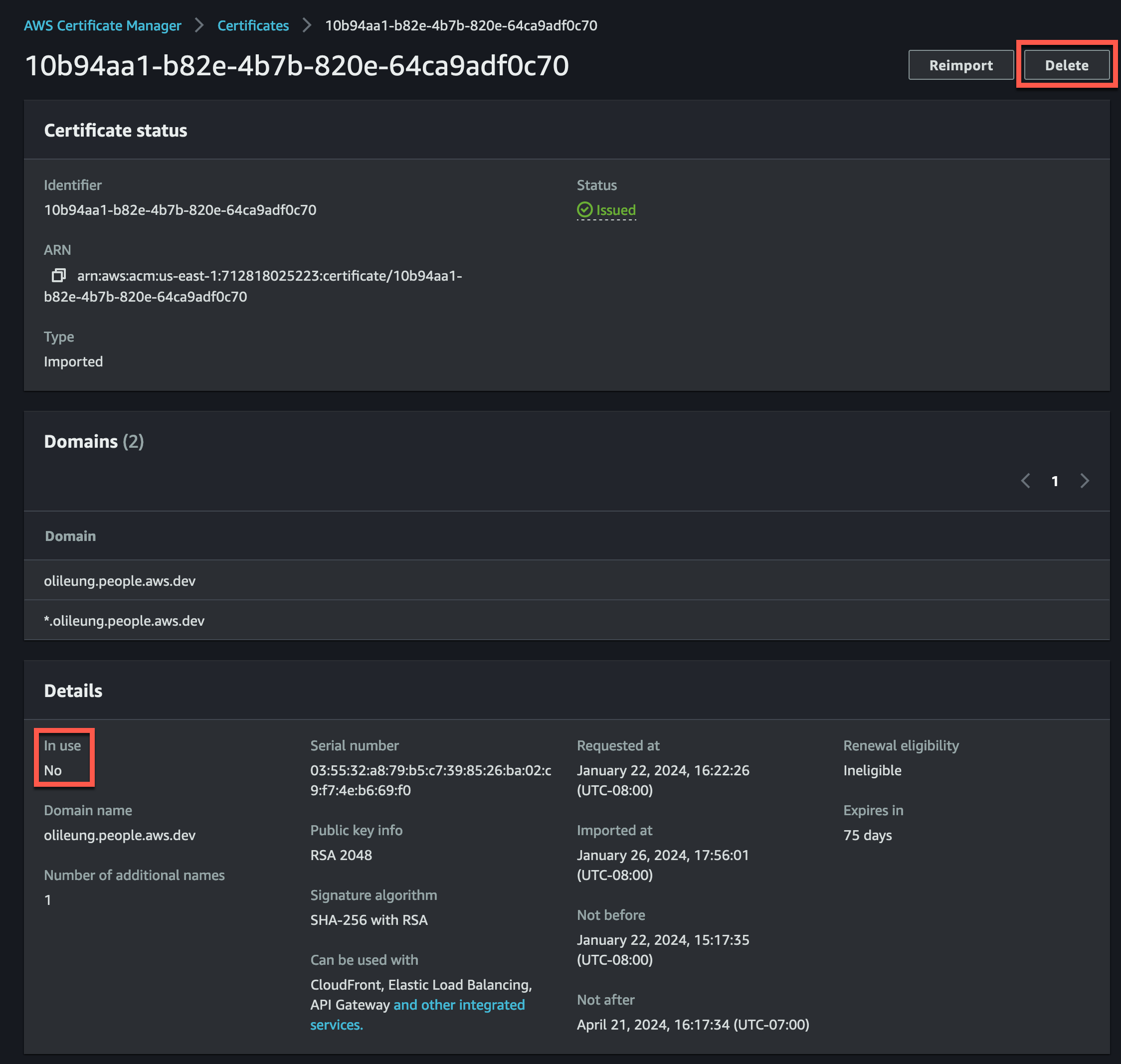 The AWS Certificate Manager page for the aforementioned certificate. In the “Details” box, “In use” is set to “No”. There is a “Delete” button in the top right.