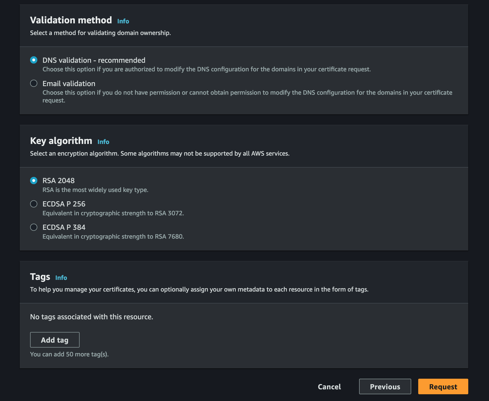The AWS Certificate Manager "Request public certificate" page. "Validation method" is set to "DNS validation", and "Key algorithm" is set to "RSA 2048".