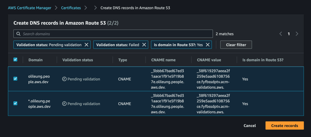 The AWS Certificate Manager "Create DNS records in Amazon Route 53" page. The two DNS records in the previous image are listed here, and there is a "Create records" button on the bottom right.