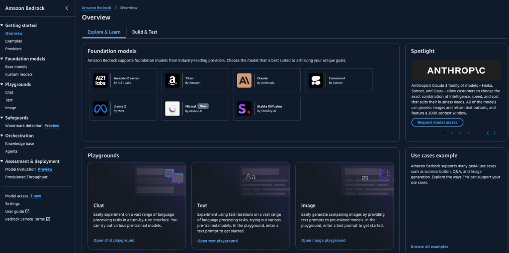 Amazon Bedrock home page on AWS console