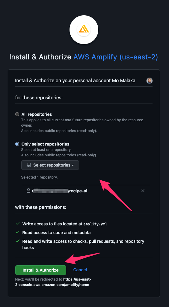 Select the repository and click Install & Authorize button