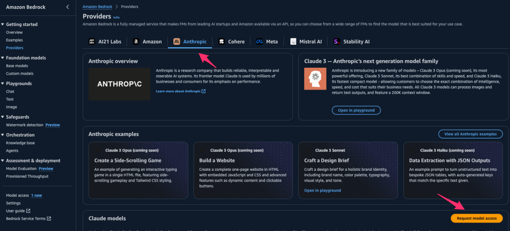 Select Claude model and request access