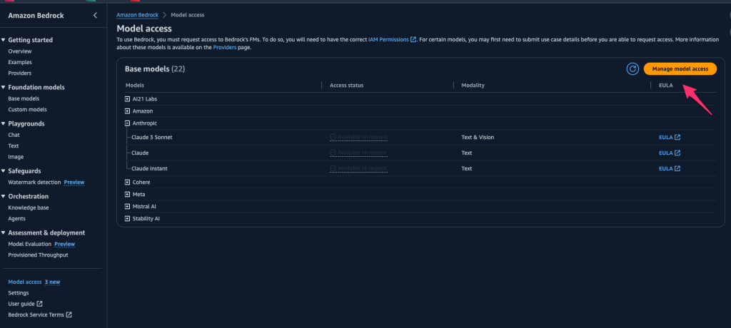 Select the Manage model access button