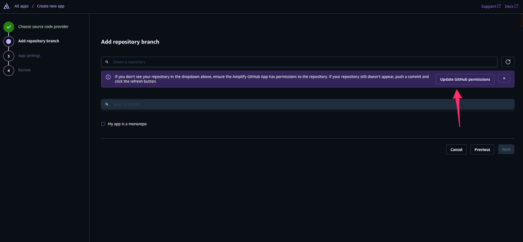 click on the "View GitHub permissions" button to authorize Amplify access to your repository