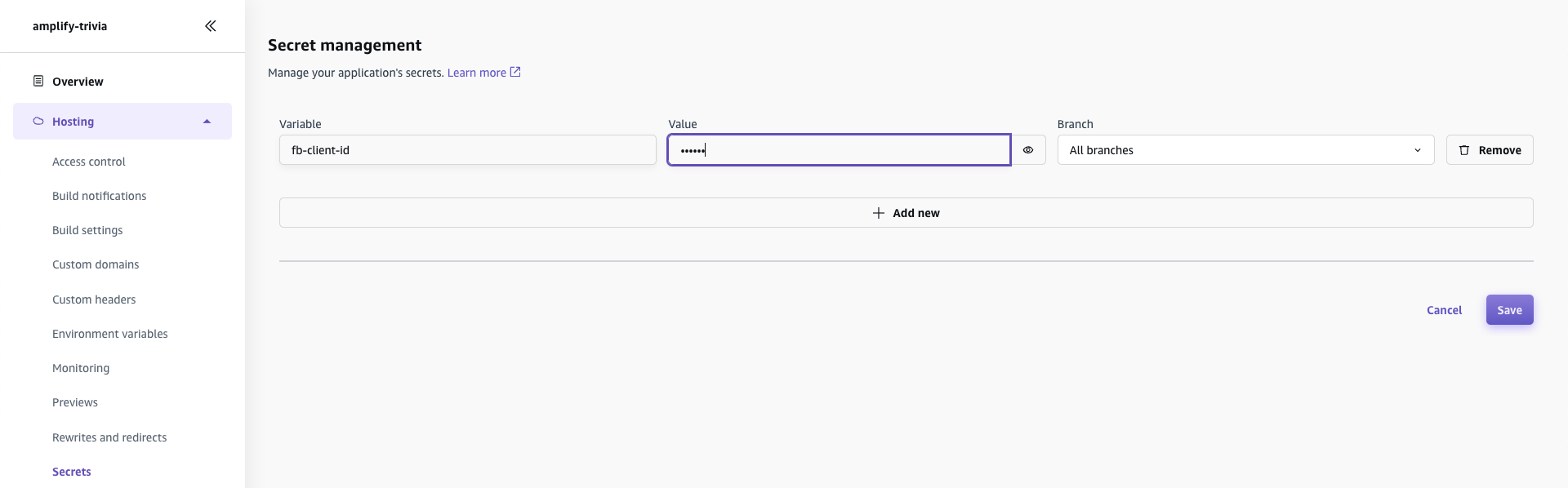 Adding a secret in the AWS console