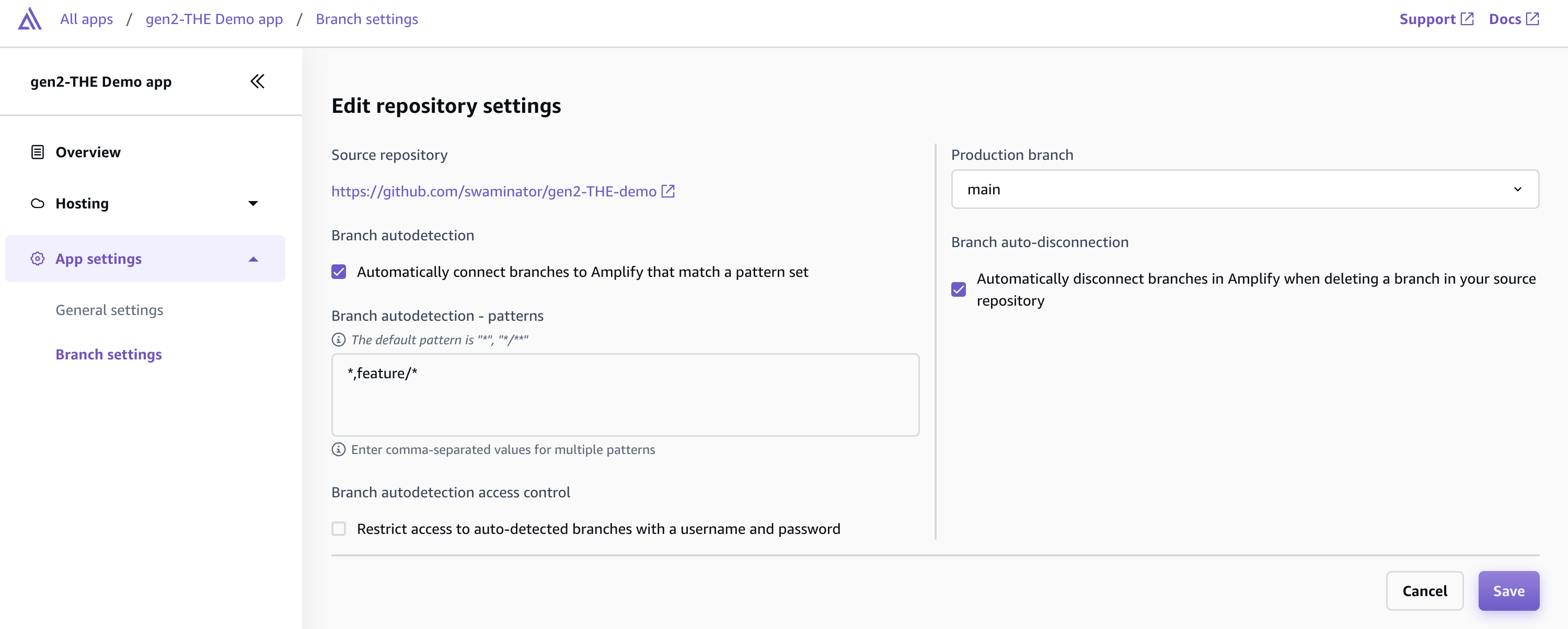 edit repository settings with branch autodetection set to all