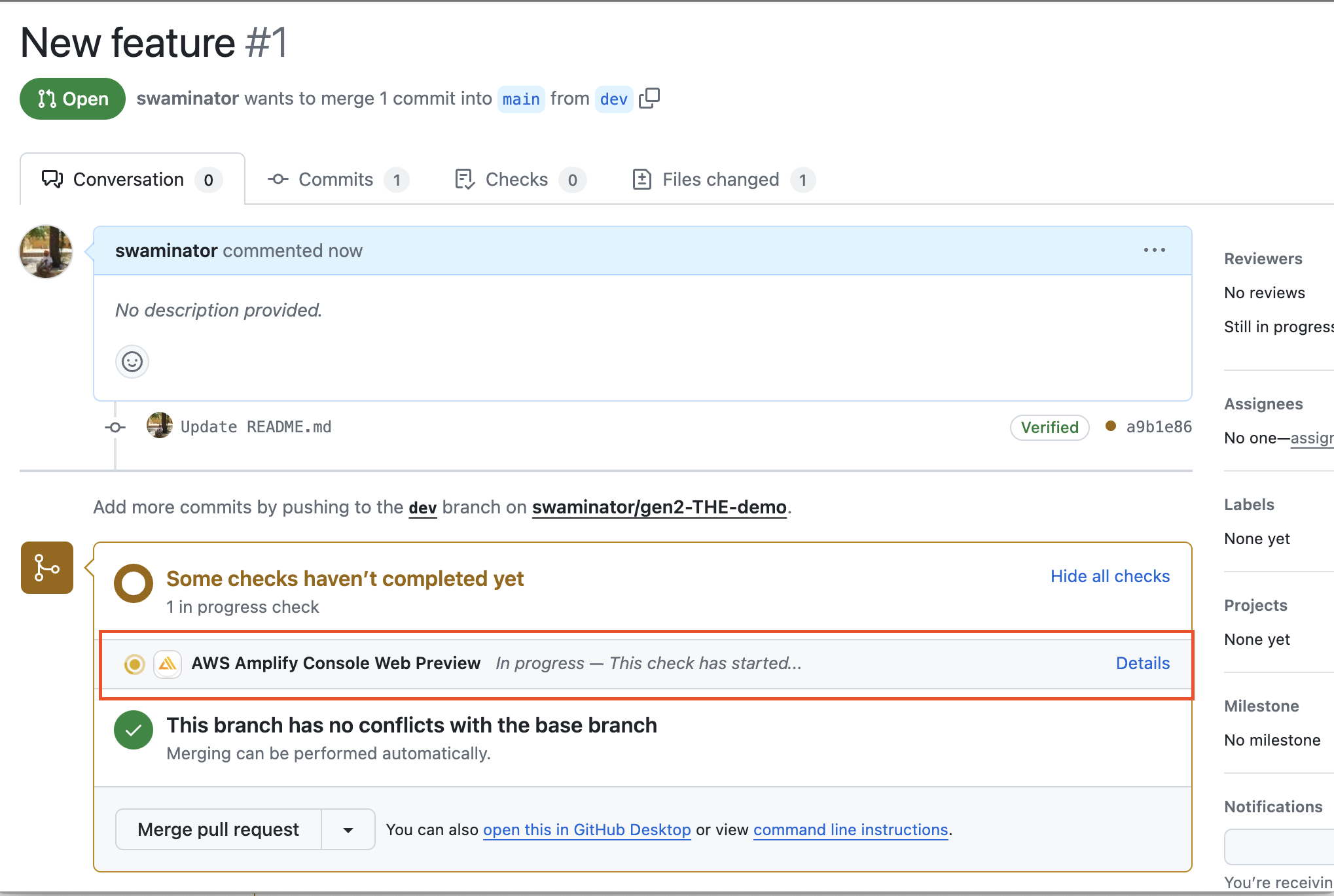 Github with aws amplify console web preview added to PR
