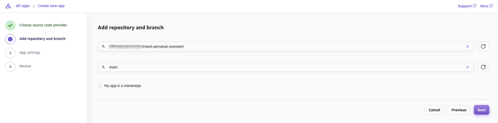 Choose the repository and the branch from the dropdown lists