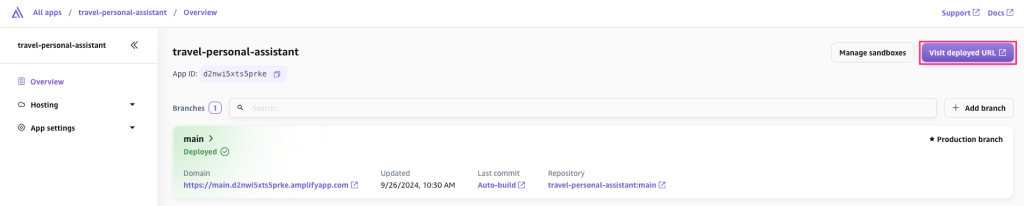 Click the Visit deployed Url button to open the web app