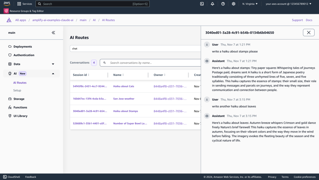 Screenshot of the Amplify console showing conversation data