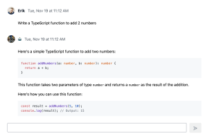 Chat window showing the message renderer for code
