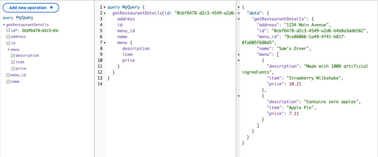 AWS AppSync query console interface showing a sample query and response