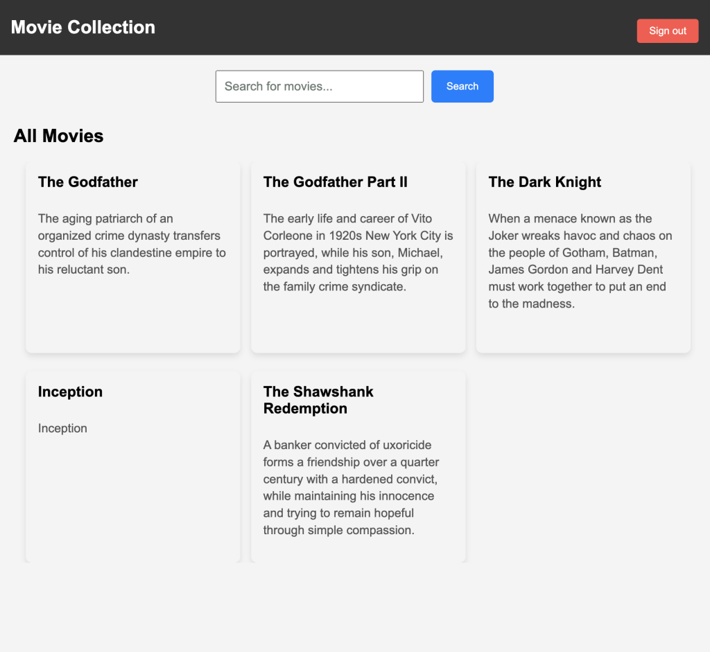 Figure 1: A movie collection website displaying a search bar and grid of five popular movie titles with their plot descriptions in white cards.