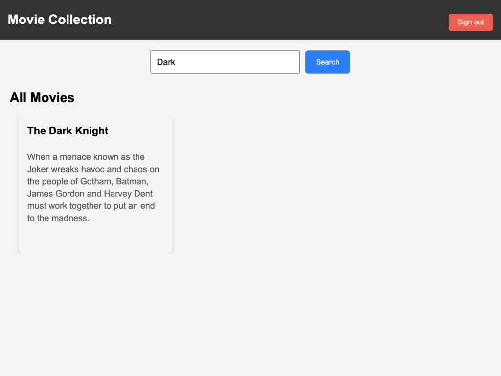 Figure 5 Web application interface for movie search, displaying a search input field and a list of movie results with titles and descriptions retrieved from OpenSearch