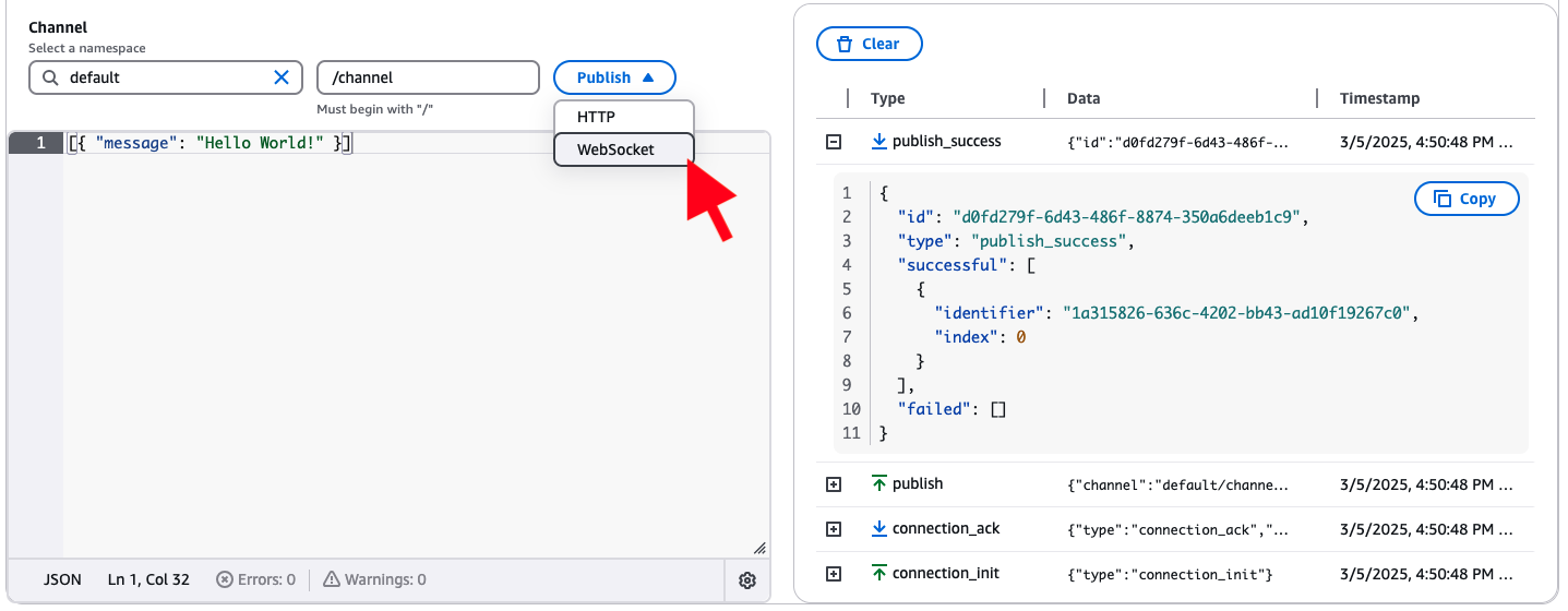 AppSync Pub/Sub editor showing new "Publish" dropdown button with "HTTP", and "WebScoket" option