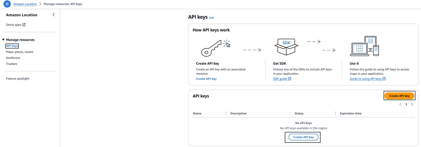 Image showing the Amazon Location Service console, specifically API Key actions such as Create API Key. The Create API key buttons have squares around them to alert readers to their location within the image.