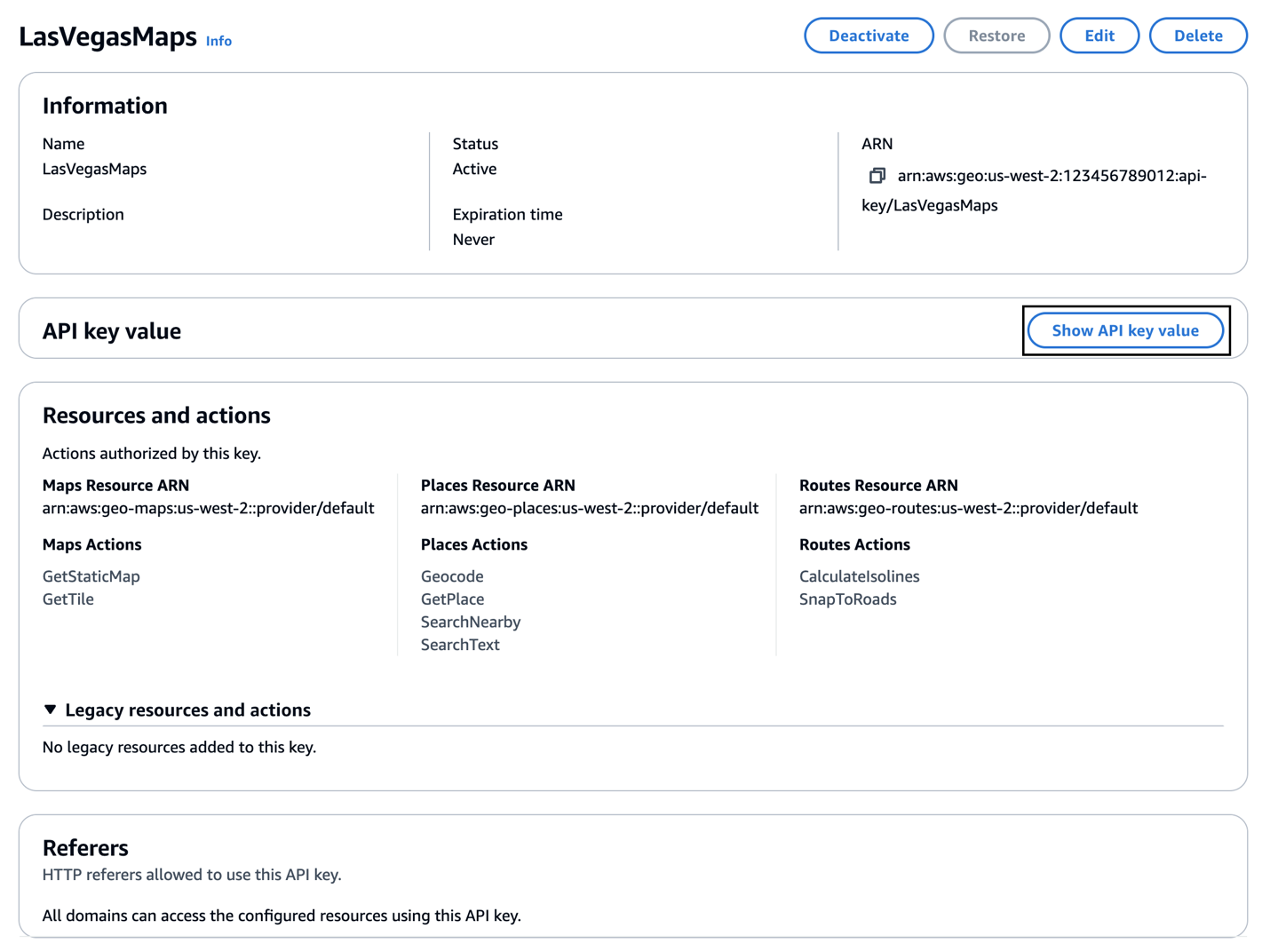 Image showing a completed API Key, with the option to Show API Key Value for usage in our application. The Show API Key Value button has a square around it to alert readers to its location within the image.v