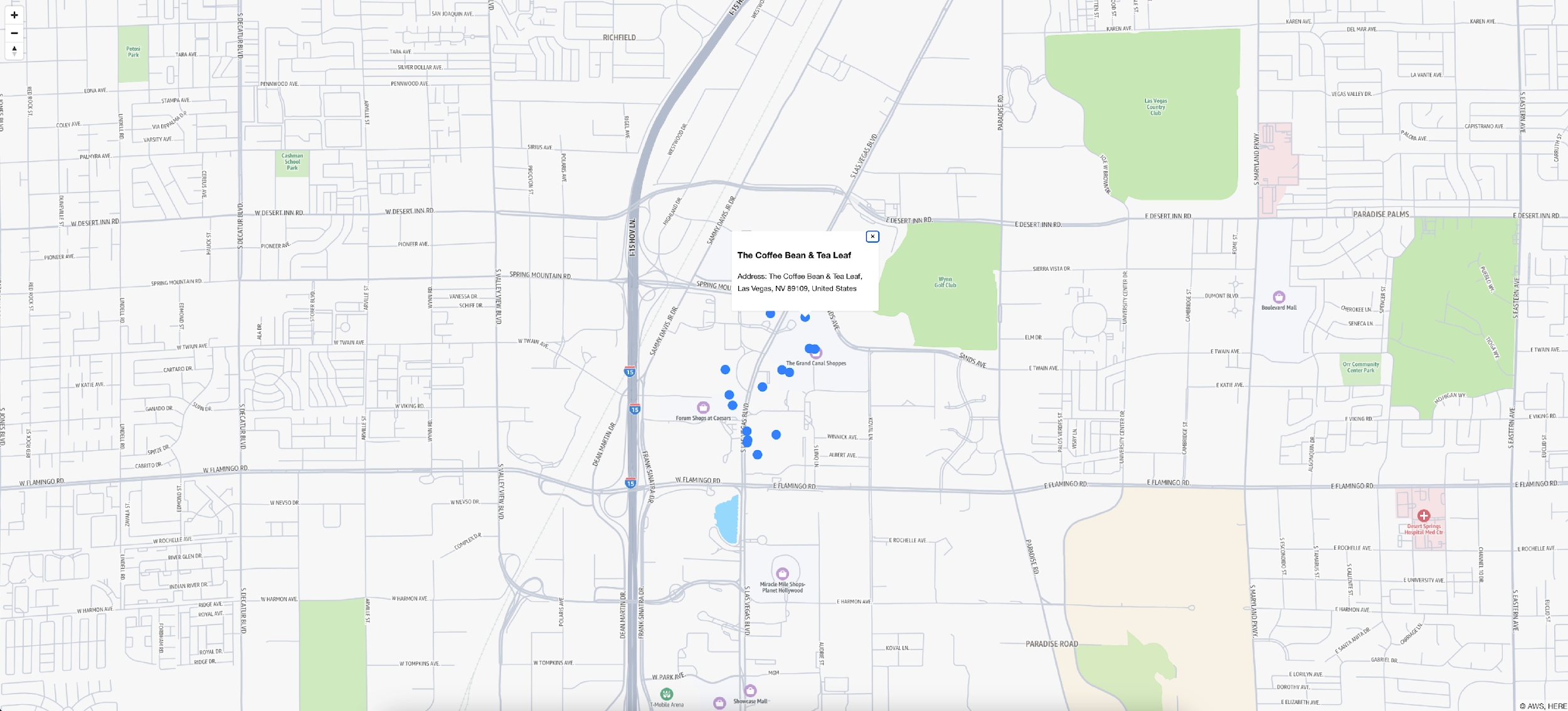 Image showing multiple dots on a map representing coffee shops on the Las Vegas strip.