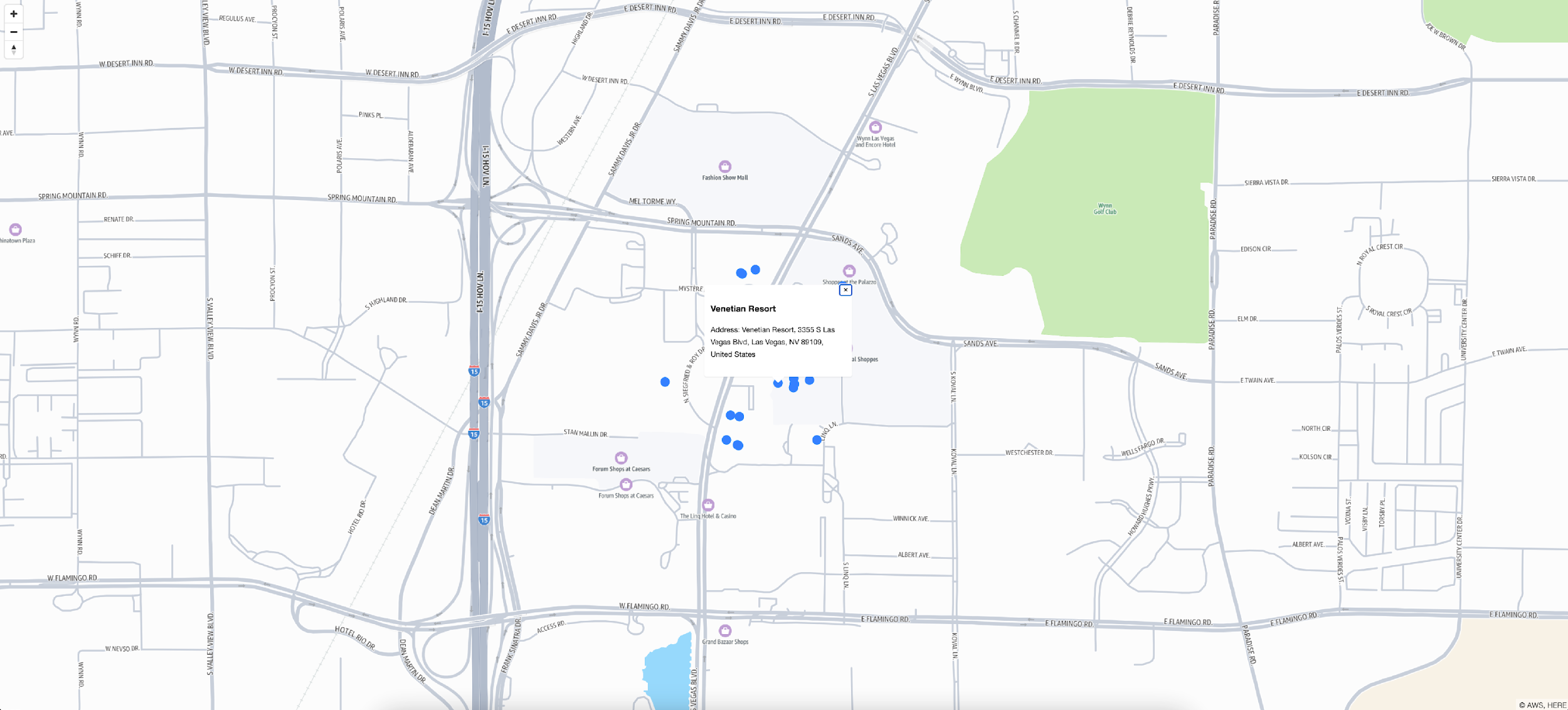 Image showing multiple dots on a map representing casinos and hotels centered around the Venetian Resort in Las Vegas, NV.
