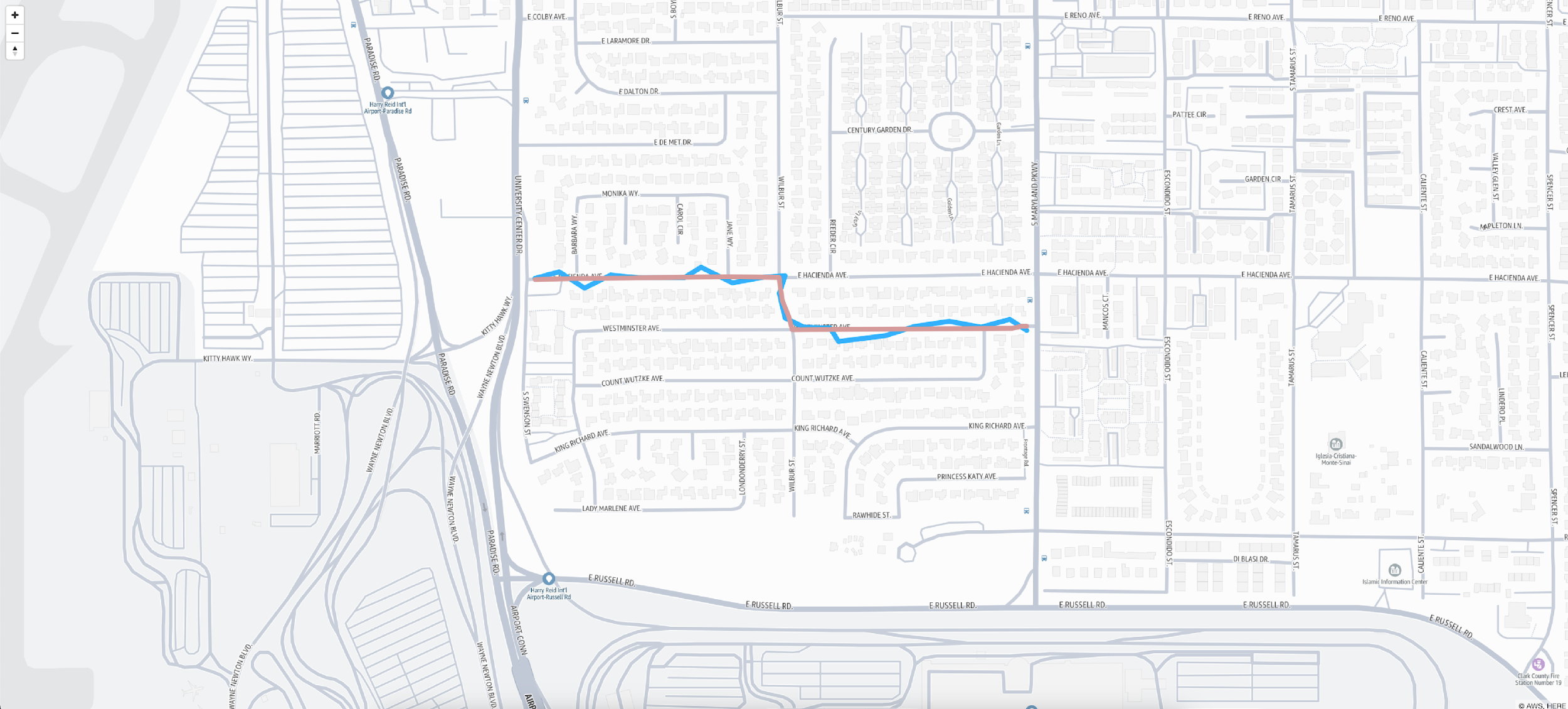 Image showing a curvy blue line representing a GPS trace and a corrected (red line) route on a map.