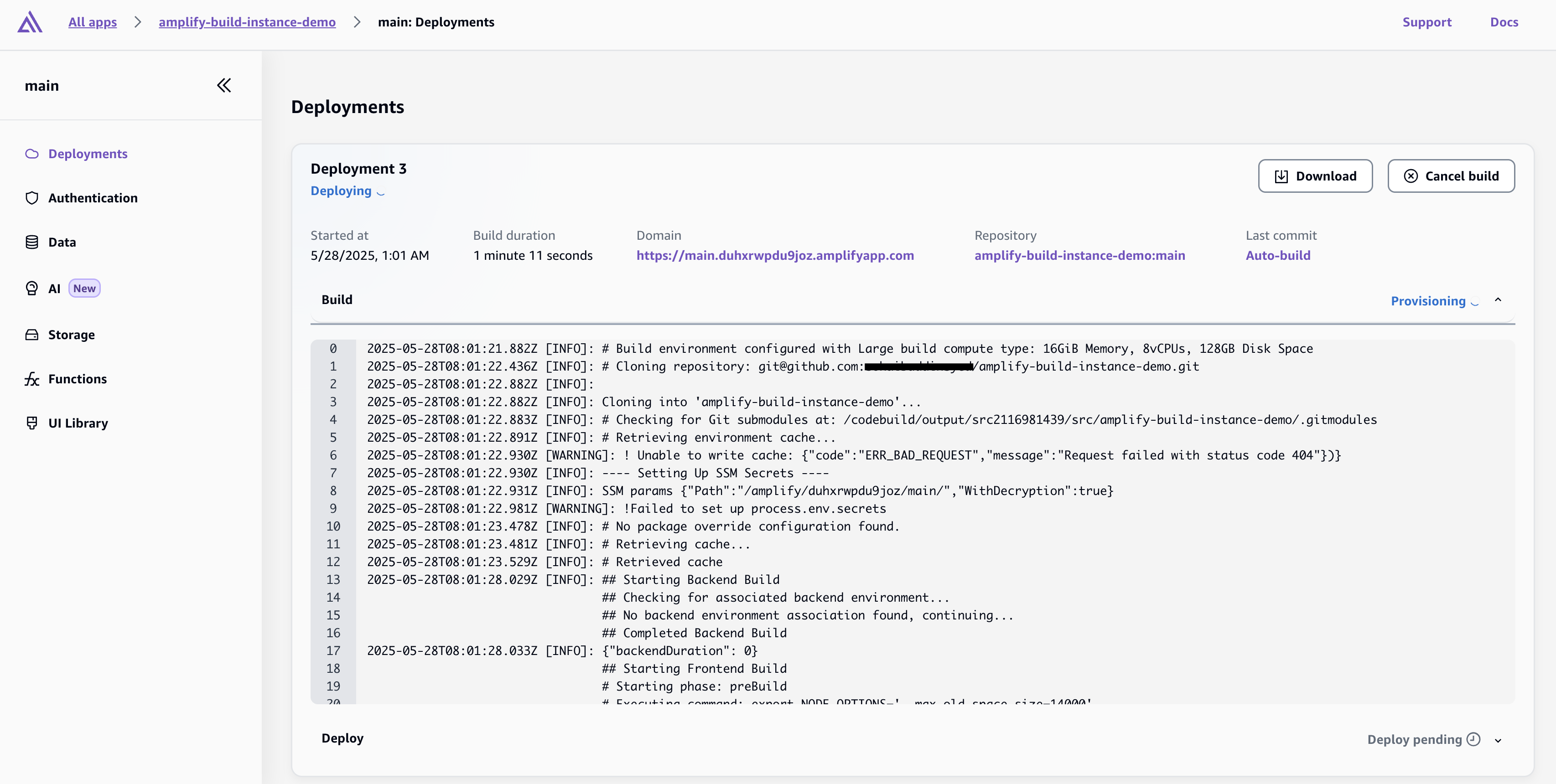 Deployment 3 in progress on Large build instance
