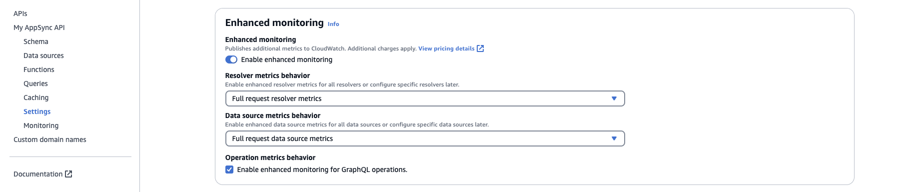 Screenshot of the AWS AppSync Console ‘Settings’ tab showing the toggles for Enhanced Monitoring. Three checkboxes are enabled: Per-Resolver Metrics, Per-Data Source Metrics, and Operation-Level Metrics.