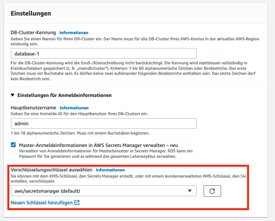 Auswählen des KMS Schlüssels