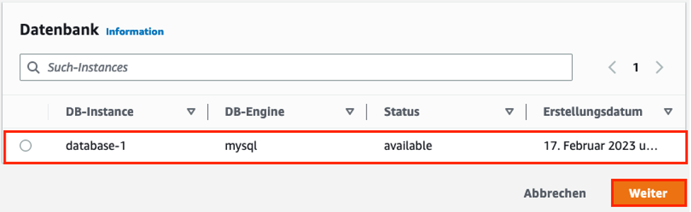 Auswählen der RDS Instanz