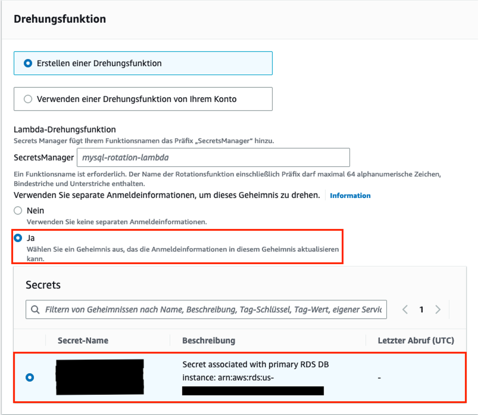 Seperate Anmeldeinformationen auswählen um das Geheimnis zu drehen