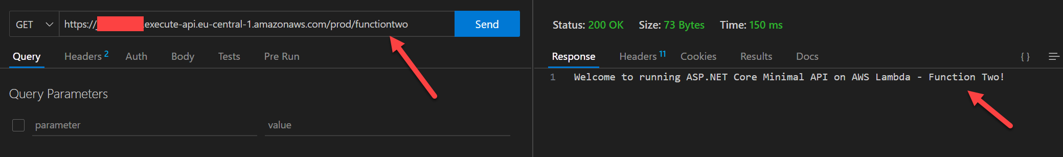 Ein Ausschnitt des Programms ThunderClient. Es zeigt auf der linken Seite den abgesetzen GET Request der auf die URL mit dem Pfad /functiontwo geht. Auf der rechten Seite sieht man die Antwort der AWS Lambda Funktion mit dem Text "Welcome to running ASP.NET Core Minimal API on AWS Lambda - Function Two!"