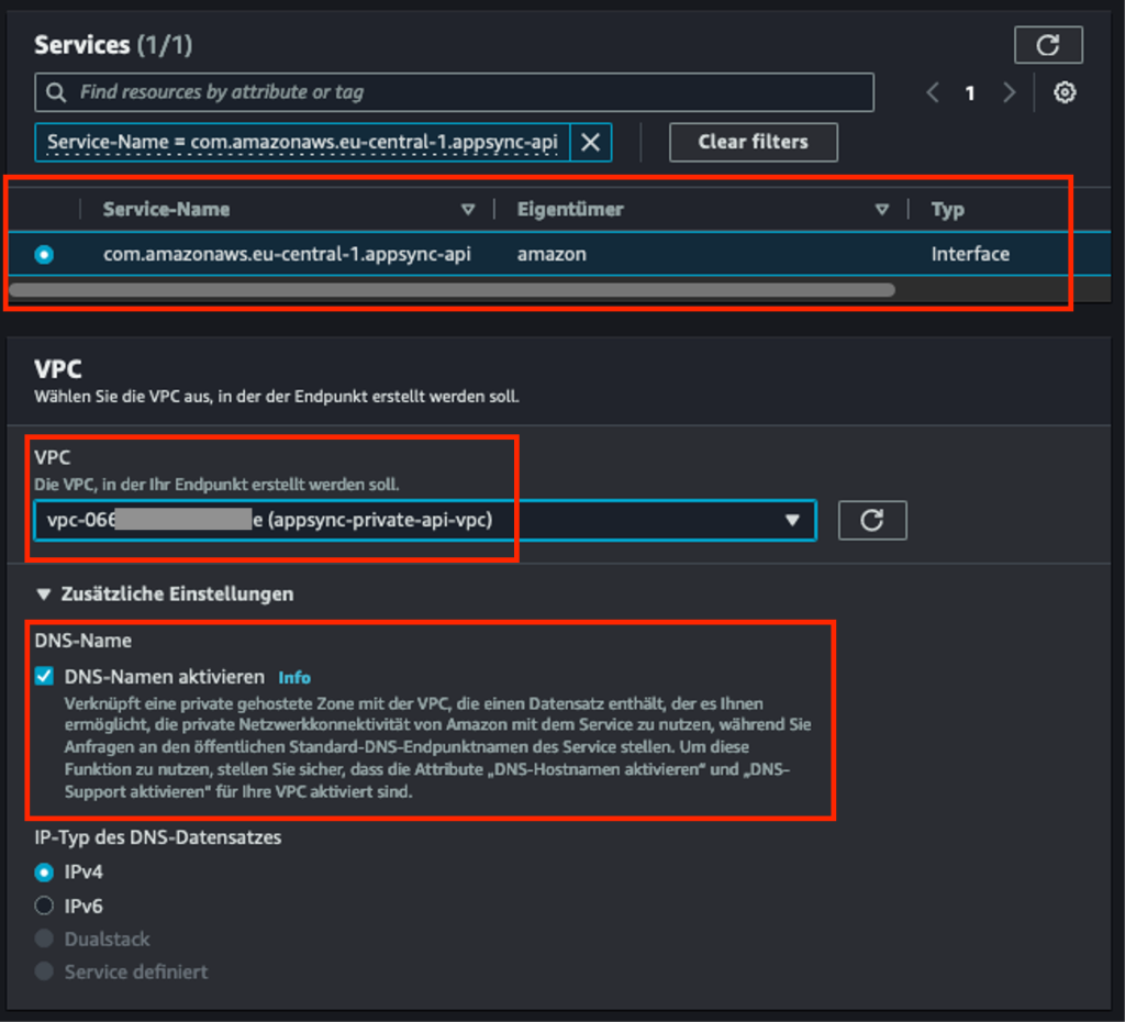 Mittlerer Ausschnitt des Bildschirmfoto der Erstellungsseite eines privaten Endpunkt in der AWS Management-Konsole