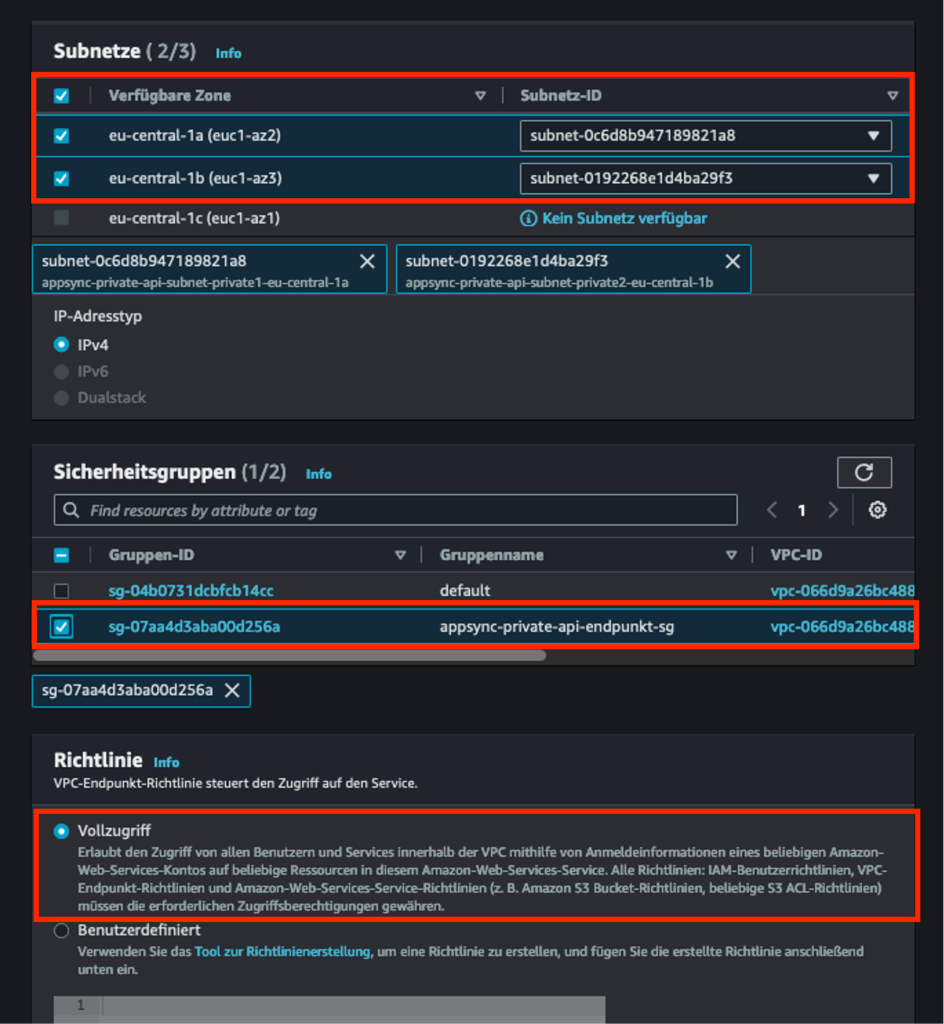 Unterer Ausschnitt des Bildschirmfoto der Erstellungsseite eines privaten Endpunkt in der AWS Management-Konsole