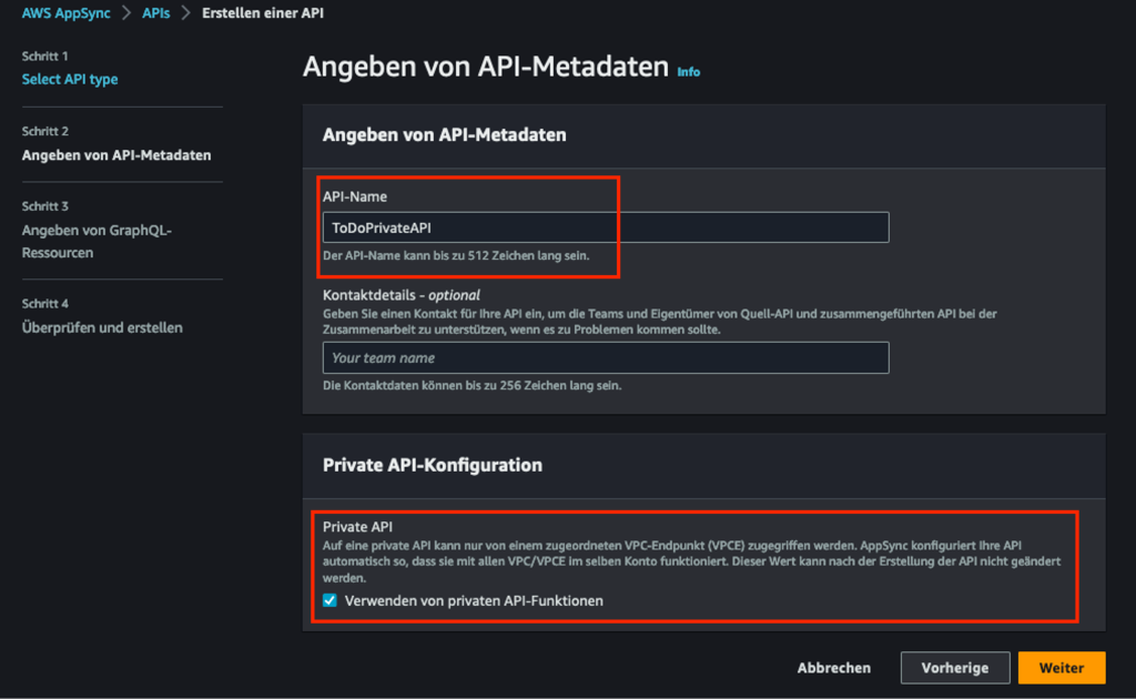 Bildschirmfoto der Erstellungsseite eines AppSync Privaten Endpunktes im Schritt 1 in der AWS Management-Konsole