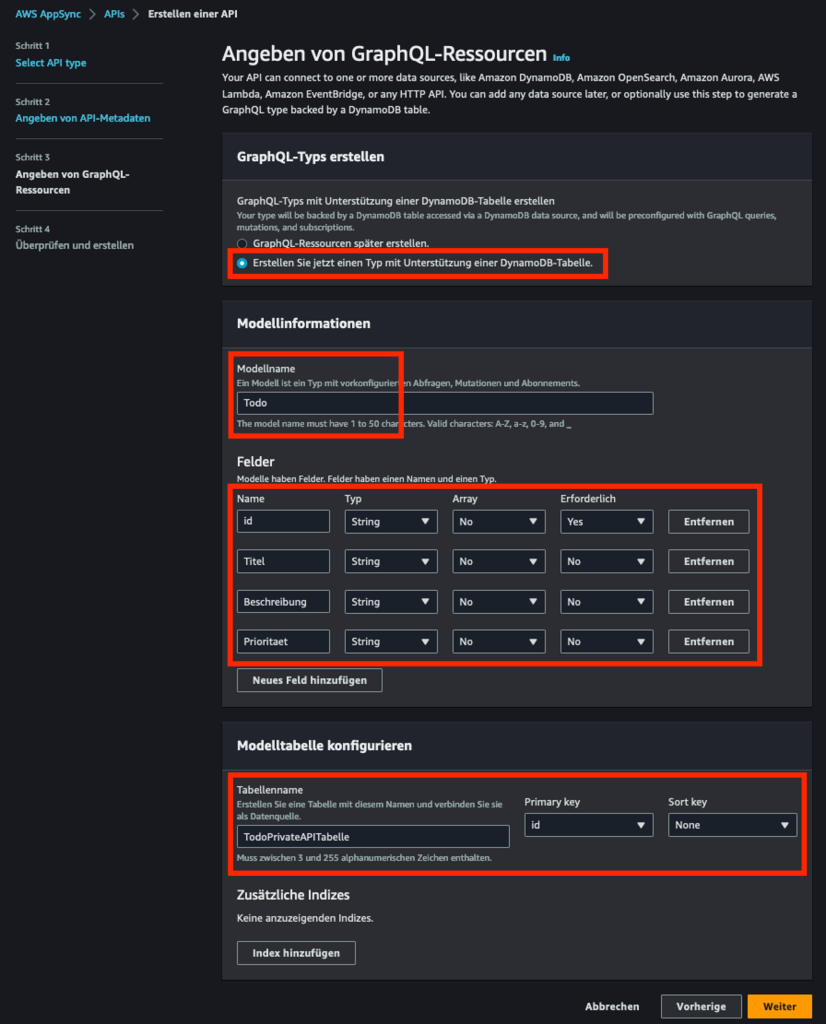 Bildschirmfoto der Erstellungsseite eines AppSync Privaten Endpunktes im Schritt 2 in der AWS Management-Konsole