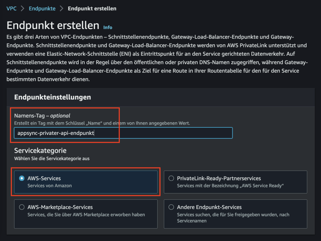 Oberer Ausschnitt des Bildschirmfoto der Erstellungsseite eines privaten Endpunkt in der AWS Management-Konsole
