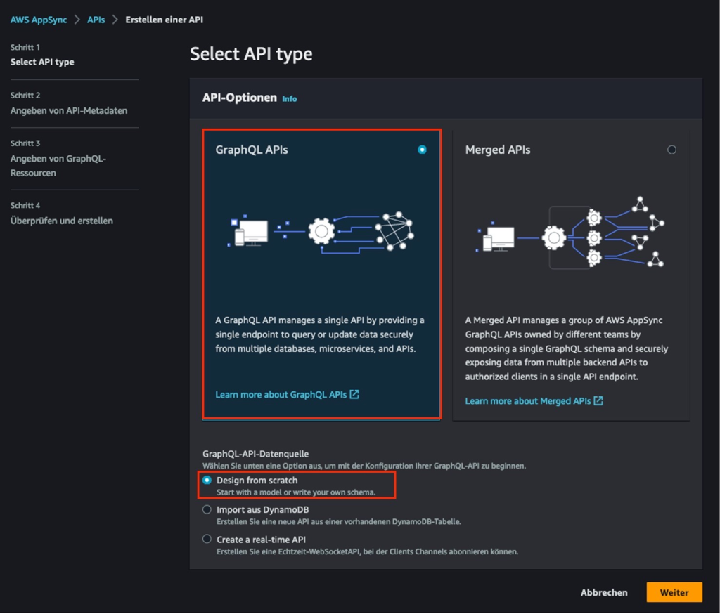 Bildschirmfoto der Erstellungsseite eines AppSync Privaten Endpunktes im Schritt 1 in der AWS Management-Konsole
