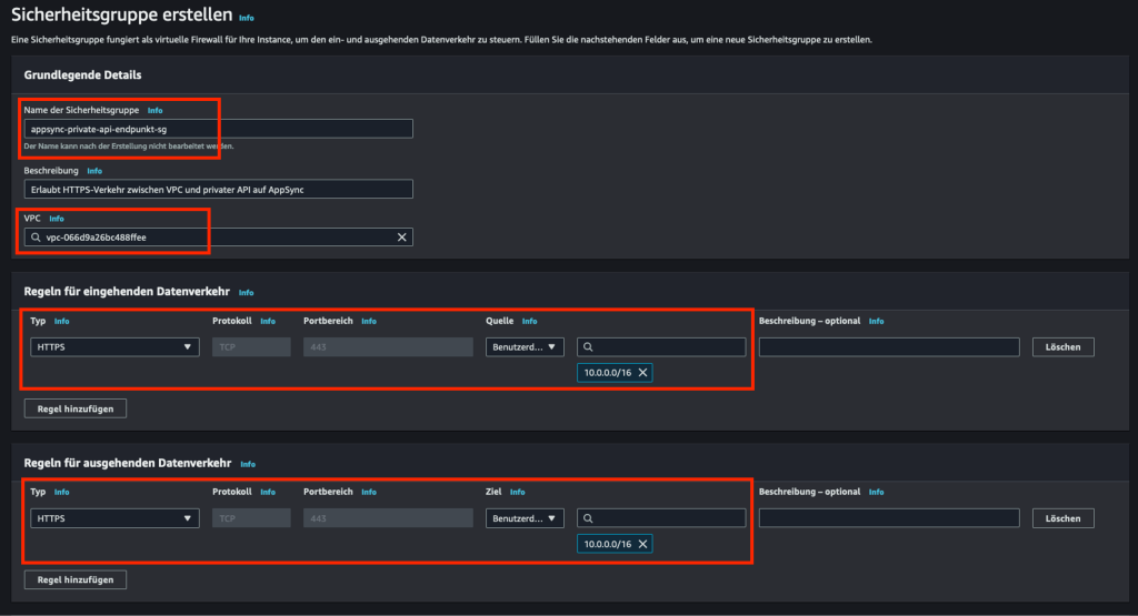Bildschirmfoto der Erstellungsseite einer Sicherheitsgruppe in der AWS Management-Konsole