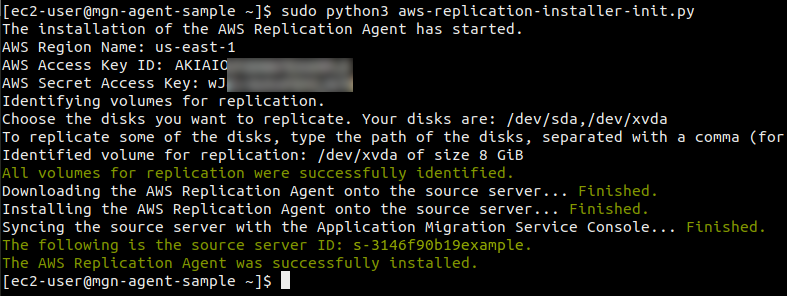 output des Installations-Scripts auf einer Linux Instanz als Quellserver