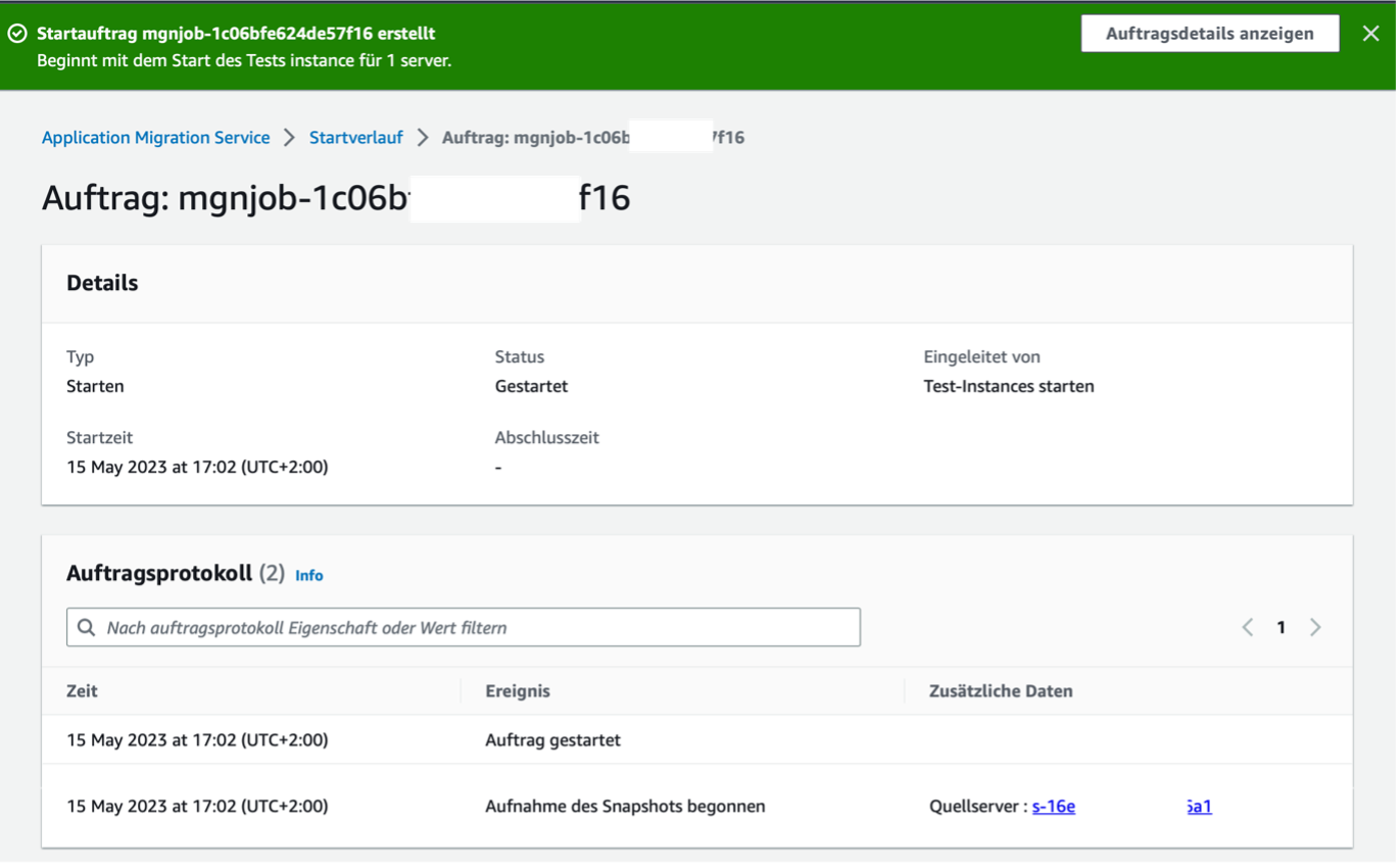 Bild 9: Detailansicht des Migrationslebenszyclus. Inkl. Informationen zum momentanen Auftrag sowie des Zustands und Startzeit
