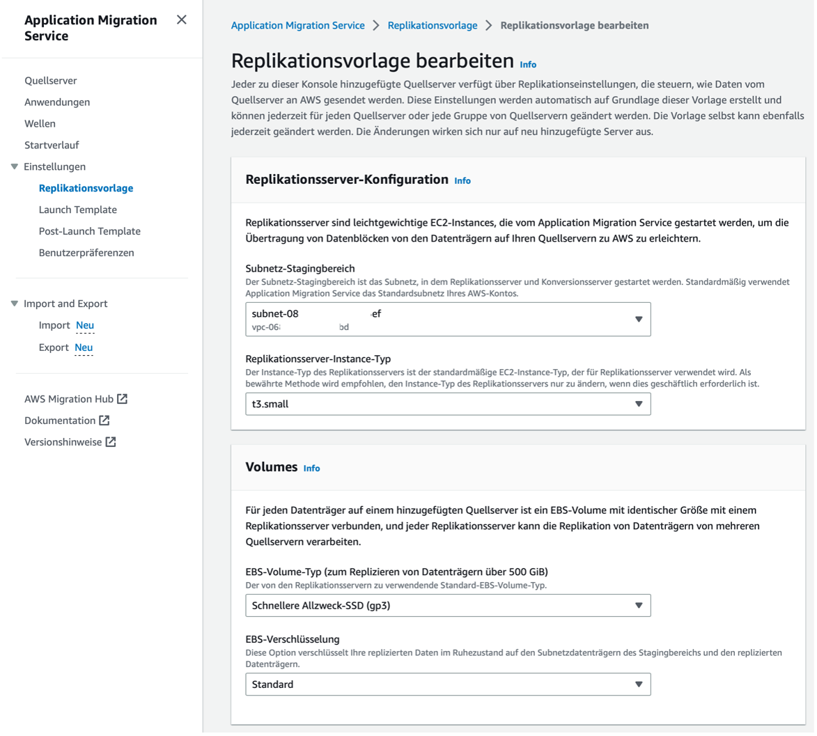 Bild3 : Einrichten der Replikationsvorlage. Auswahl des Subnets für den Stagingbereich sowie der Instanztypen für die Replikationsserver und der zu verwendenden Volumes