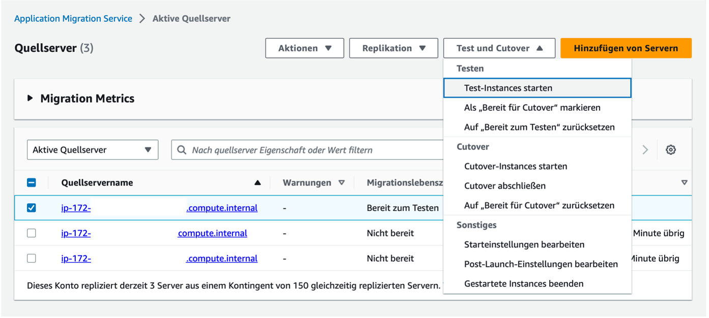 Bild 8: Auswahl des Quellservers zum starten einer Test-Instanz