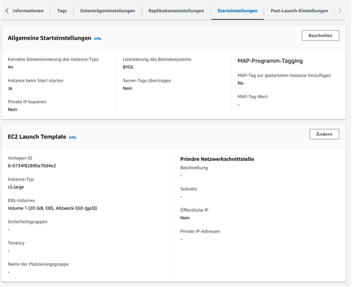Bild 7: Ansicht der detailierten Starteinstellungen mit den Allgemeinen Einstellungen und dem EC2 Launch Template