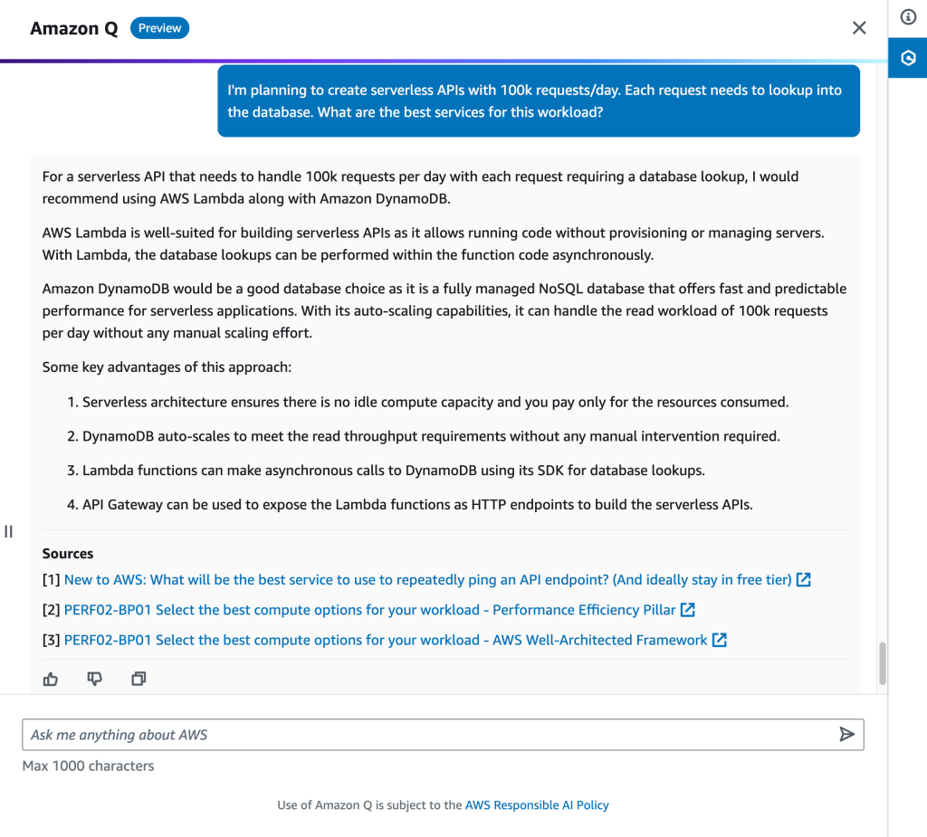 Amazon Q empfiehlt AWS Services