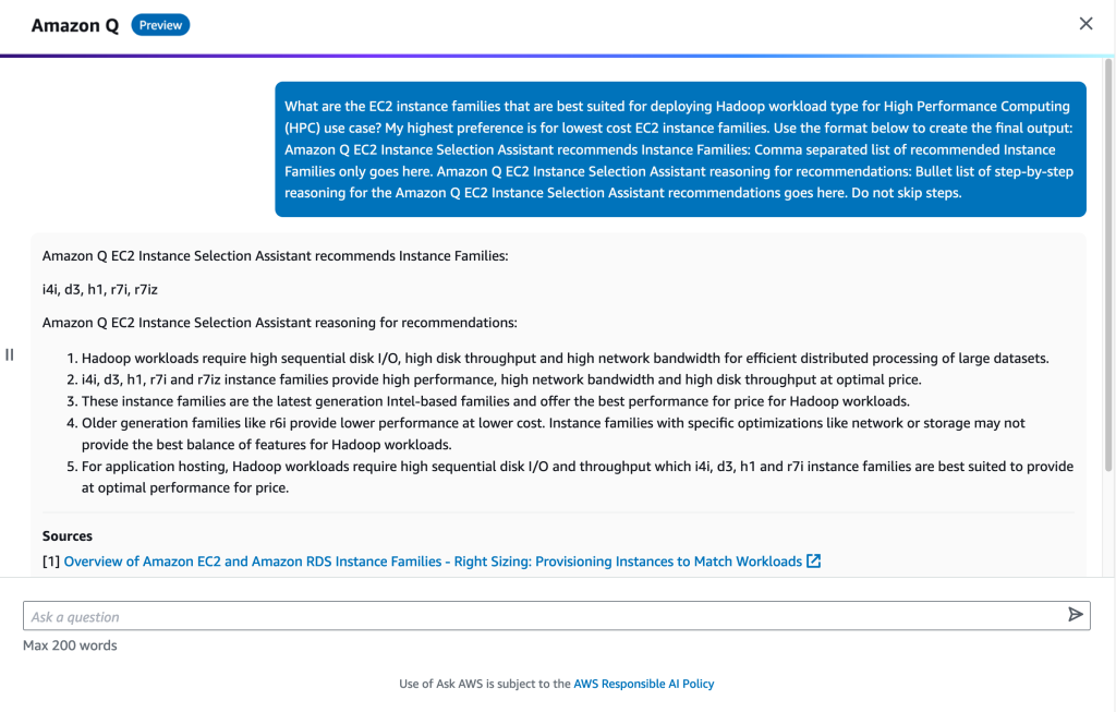 Empfehlung von EC2 Instanz-Typen durch Amazon Q